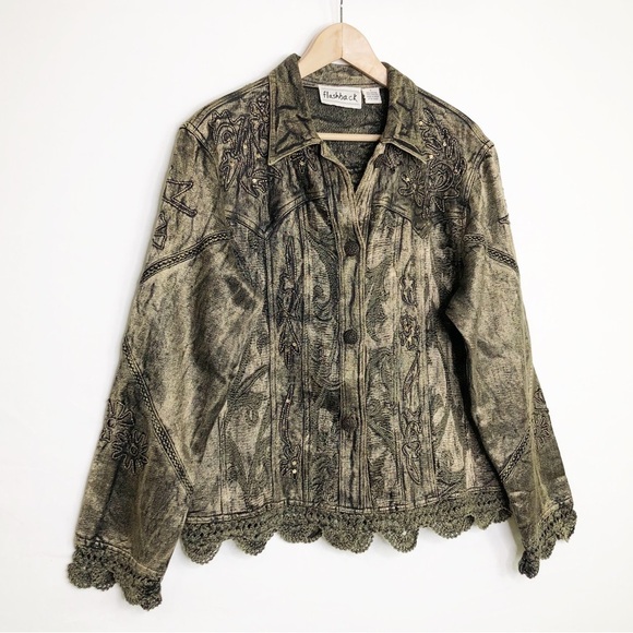 Flashback bronze crochet, embroidered sequin detail button down closure jacket - Picture 10 of 10